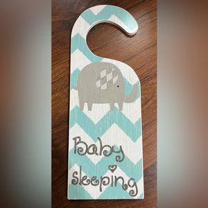 Baby Sleeping Baby Awake Two Sided Wooden Door Sign Hanger with Cute Elephant